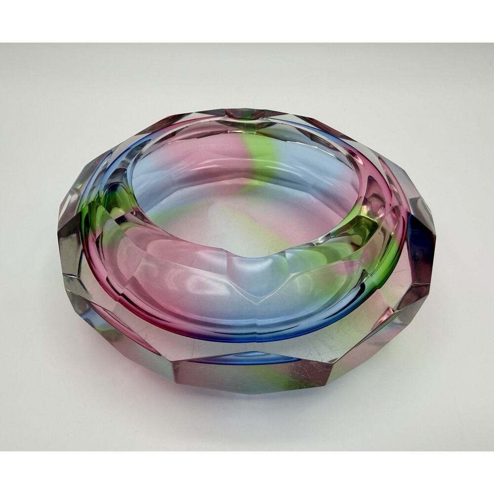 Cut Crystal Faceted Ashtray Trinket Dish 5” Pink Blue Green Sommerso Style